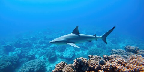 Fototapeta premium An individual blue shark cruising through coral reefs near the surface of the ocean, fish life, tropical waters
