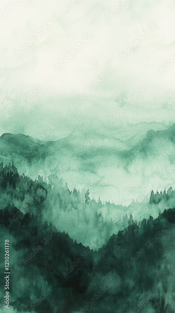 Poster deep green watercolor gradient creates a moody atmosphere over layered hills and forests at dawn