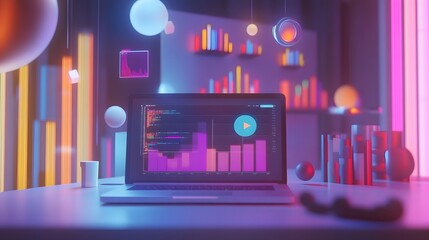 39. A conceptual image of video marketing analytics displayed on a laptop screen in a business environment