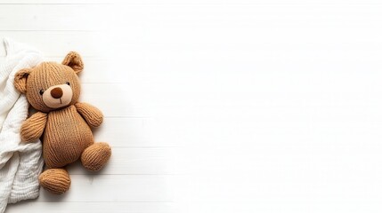 Obraz premium Cozy brown knitted teddy bear placed on a soft white knitted blanket against a clean white wooden background for children's decor or gifts
