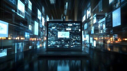 39. A conceptual image of video marketing analytics displayed on a laptop screen in a business environment