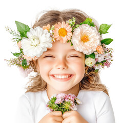 Naklejka premium Joyful girl with flower crown studio portrait smiling expression bright setting png delightful vibe