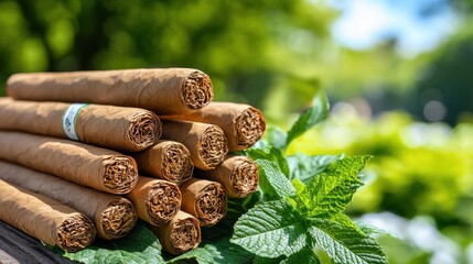 Pile of cigars surrounded by fresh green mint leaves