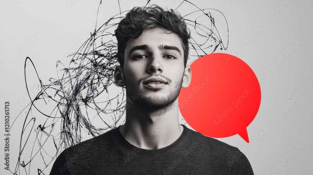 Aufkleber creative minimalist portrait of a young man with abstract background and speech bubble in vibrant re