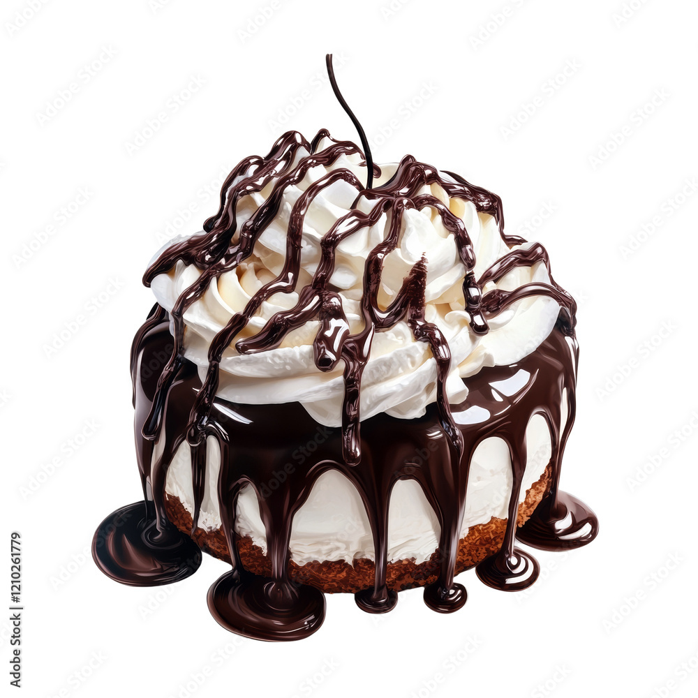 Poster a decadent cake topped with whipped cream and generously drizzled with rich dark chocolate.