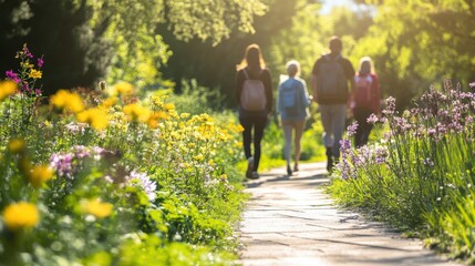 Obraz premium Mindfulness group engages in slow meditative practice during a serene nature walk in a blooming park in the afternoon sun