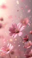 Pink cosmos flowers, petals falling, soft light, spring background, phone wallpaper