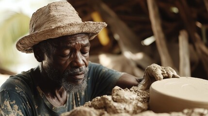 Fototapeta premium Senior african potter carefully shaping clay on pottery wheel, creating traditional handmade ceramics in his rustic workshop, showcasing craftsmanship and cultural heritage