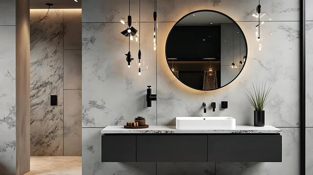 Modern Bathroom Interior with Floating Vanity, Round Mirror, and Pendant Lighting