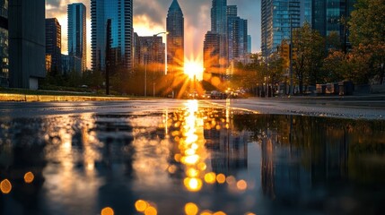 Evening sun sets between tall urban buildings shining.
