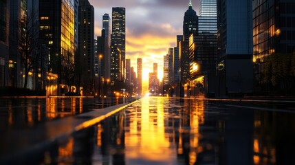Fototapeta premium Dramatic sunset casts city street in golden hue.