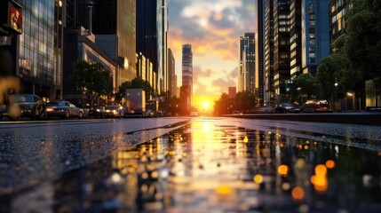 Obraz premium Glistening city street at sunset reflecting bright hues