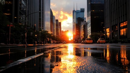 Dramatic city sunset with mirrored street reflections