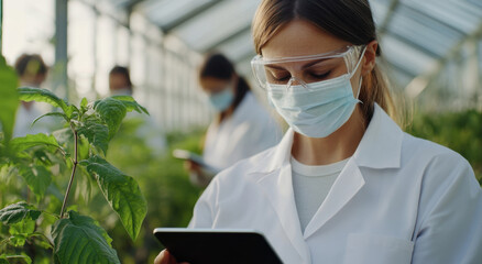 A female scientist in a lab coat and protective gear examines data on a tablet while working in a lush greenhouse filled with plants. Colleagues can be seen in the background.