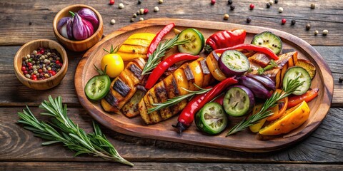 Fototapeta premium Grilled vegetable platter with rosemary and peppercorns on rustic wooden background