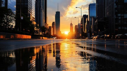 Obraz premium City sunset with reflective skyscraper-lined street