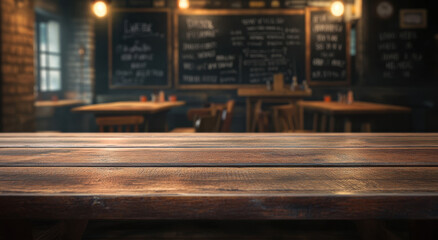 A rustic wooden table fills the foreground while a warm, inviting cafe interior features chalkboard menus and soft lighting in the background, creating an inviting atmosphere.
