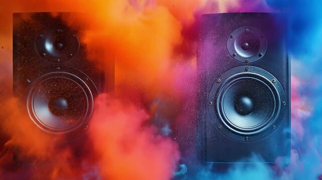 Audio Visual Symphony: Two powerful speakers emerge from a vibrant cloud of red, orange, and blue smoke, creating a dramatic and visually stunning image perfect for music, technology.