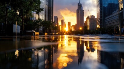 Obraz premium Glistening wet street with setting sun illuminating skyline