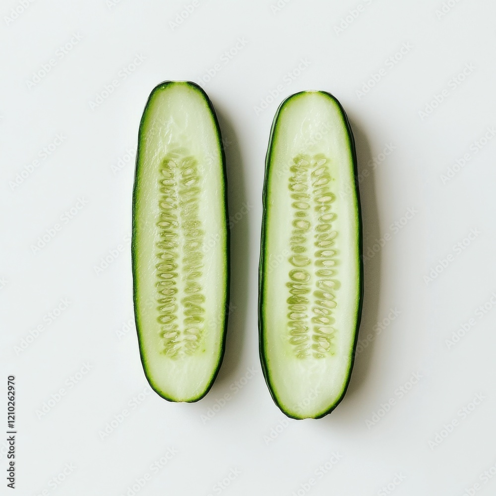 Poster fresh green cucumber sliced in half, showcasing vibrant texture and color in natural light for culin