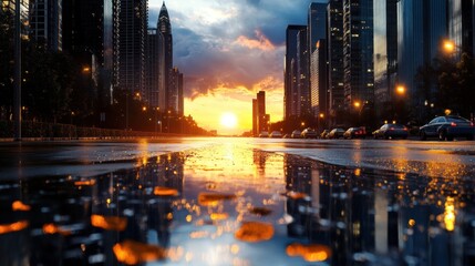 Majestic skyline with wet street reflecting sunset