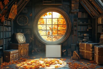 A room with a window and a white frame