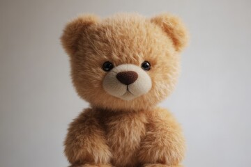 Obraz premium A cute, fluffy teddy bear with a warm expression, sitting against a neutral background, evoking feelings of nostalgia and comfort.