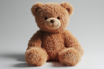 Obraz premium A cute, plush teddy bear sits upright against a minimalistic background, showcasing its fluffy texture and friendly expression.