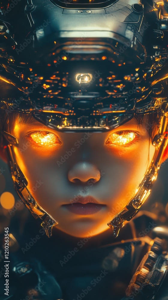 Poster Dynamic children's face blending futuristic elements with glowing eyes in a sci-fi setting