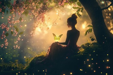 Obraz premium Enchanting scene of woman with butterfly at sunset under cherry blossom tree