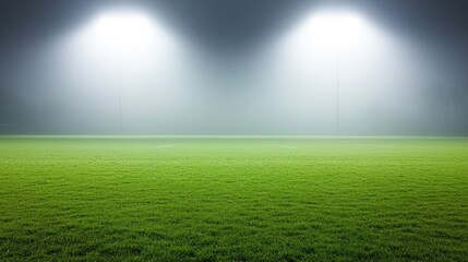 Obraz premium A serene, illuminated sports field at night, showcasing vibrant green grass under bright floodlights with a misty atmosphere.