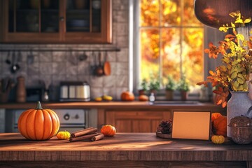 Obraz premium A kitchen counter with a pumpkin, cinnamon sticks, and a note