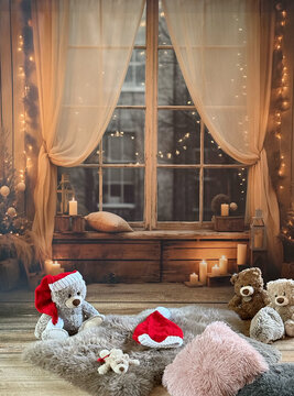  Weihnachts-Fotohintergrund mit einem gem&uuml;tlichen Fenster-Motiv, f&uuml;r Fotoshootings 