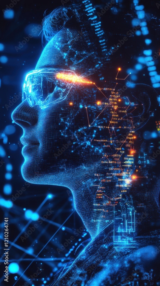 Poster scientist glowing with data visualizations during a research experiment in a futuristic lab environm