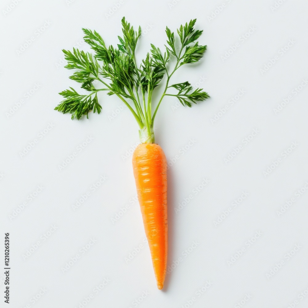 Poster bright orange carrot with vibrant green leaves resting on a light background in a fresh produce sett