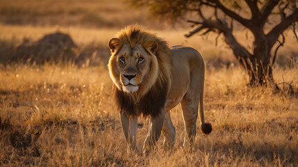 Fototapeta premium Magnificent male lion with shaggy mane resting regally under acacia tree's sprawling branches in golden savannah sunset landscape. 