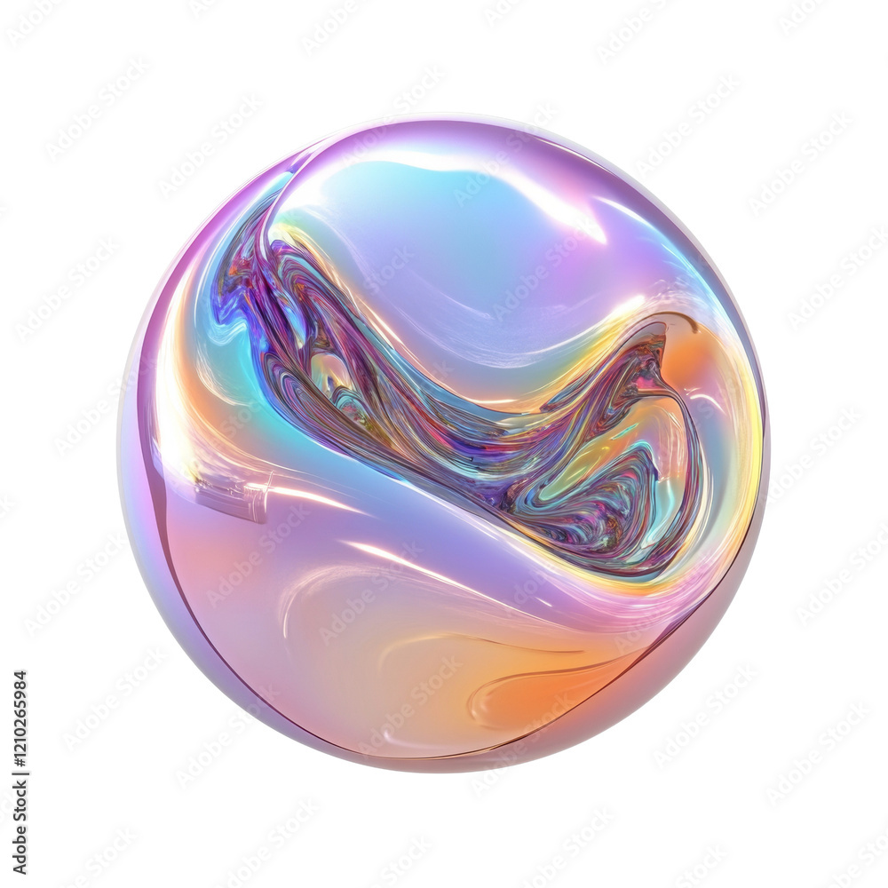 Poster a digitally created image showcasing a sphere with a swirling iridescent effect exhibiting pastel hu