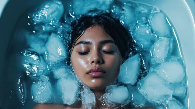 Woman submerged in an ice bath, emphasizing wellness, recovery, and mental strength, ideal for health and self-care concepts