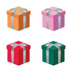 A colorful set of four gift boxes in orange, pink, red, and green, each adorned with a silver ribbon and bow. Perfect for holiday, celebration, or gifting themes.