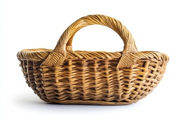 Obraz premium A handcrafted wicker basket with a curved handle, showcasing a natural woven texture and earthy tones, ideal for storage or decoration.