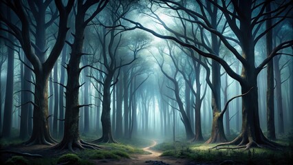 Dark forest landscape with tall trees and twisted branches against a very dark charcoal background , wilderness, twisted branches