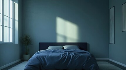 Serene bedroom with pale pastel blue walls, a navy blue bed, and an empty painted wall for mockup or art. Trendy accent colors in a cozy space.