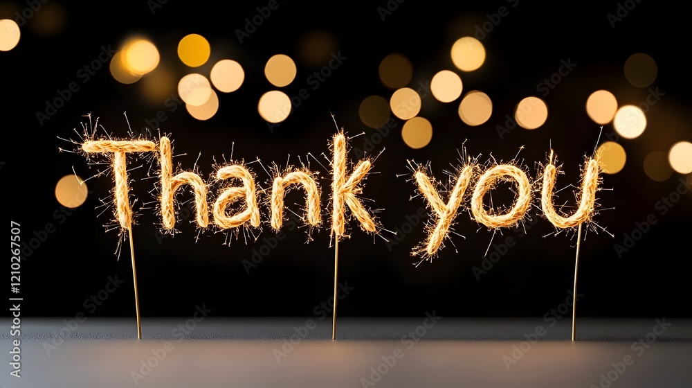 Poster vibrant and festive sparkler style thank you text with shimmering golden sparks and a radiant bokeh 