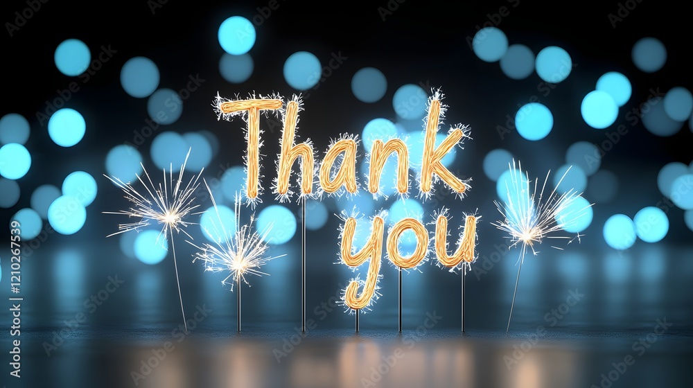 Poster Glowing golden Thank You text in a sparkler style display set against a shimmering blue toned bokeh background with luminous sparks and a celebratory festive atmosphere