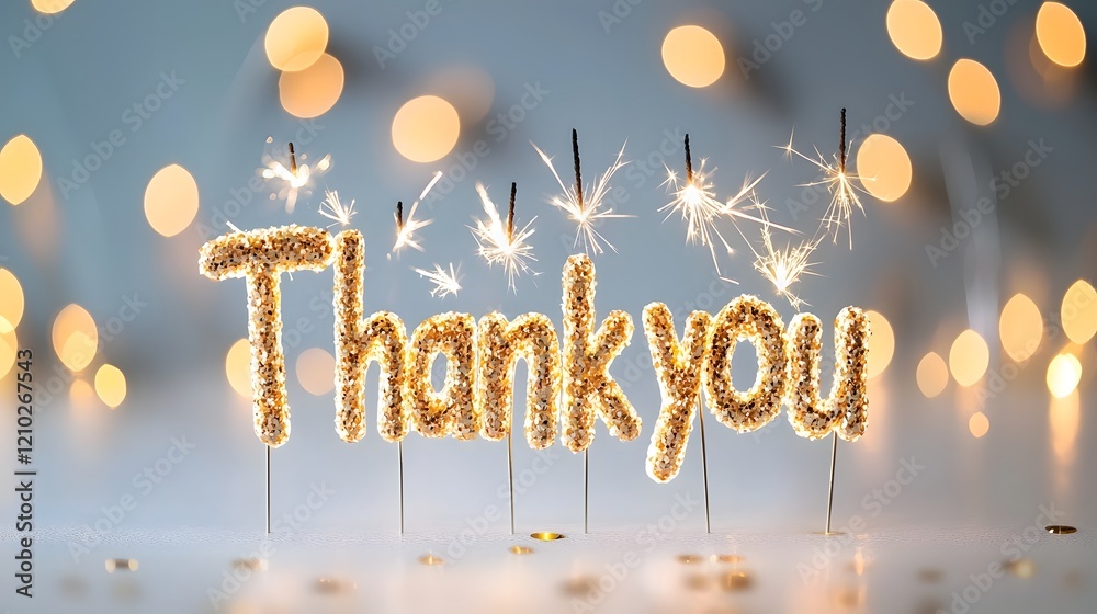 Poster Glowing sparkler text that spells out  Thank You  with golden sparks forming each letter set against a luxurious golden bokeh background for a festive and elegant design