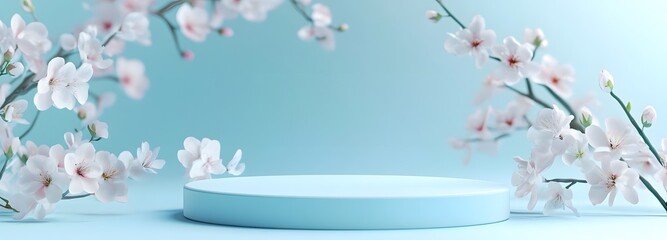 An elegant light blue podium with an empty space, set against a soft, pastel gradient background for Mother's Day