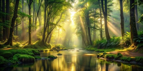 Fototapeta premium Serene forest stream bathed in golden sunlight, creating a magical and peaceful atmosphere