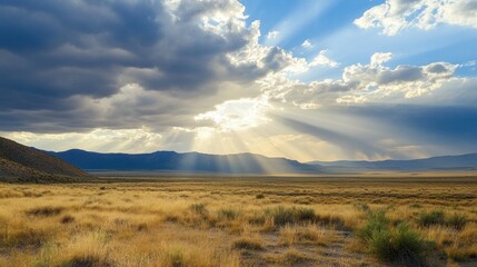 Obraz premium Sunbeams over desert landscape with dramatic clouds