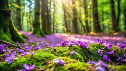 Obraz premium delicate purple flower petals scattered on a soft mossy forest floor amidst vibrant green leaves and branches , woodland ambiance, forest floor