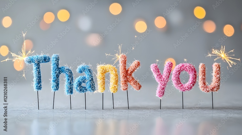 Poster Bright and vibrant Thank you text presented in a sparkler like style with reflections on a glossy glossy surface and a warm glowing bokeh effect creating a celebratory festive atmosphere